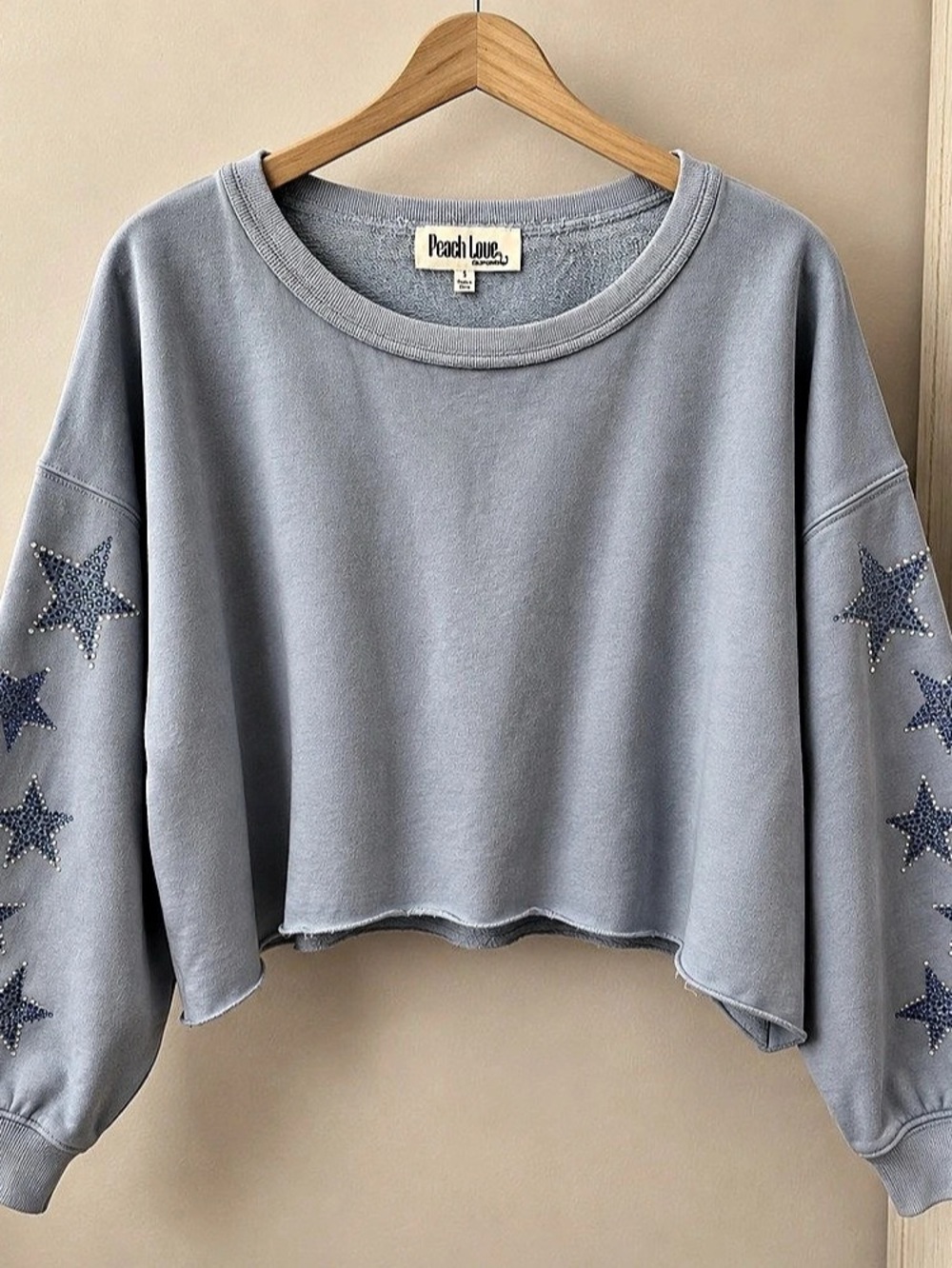 Peach Love California Blue Rhinestone Star Sleeve Crop Sweatshirt S NWOT